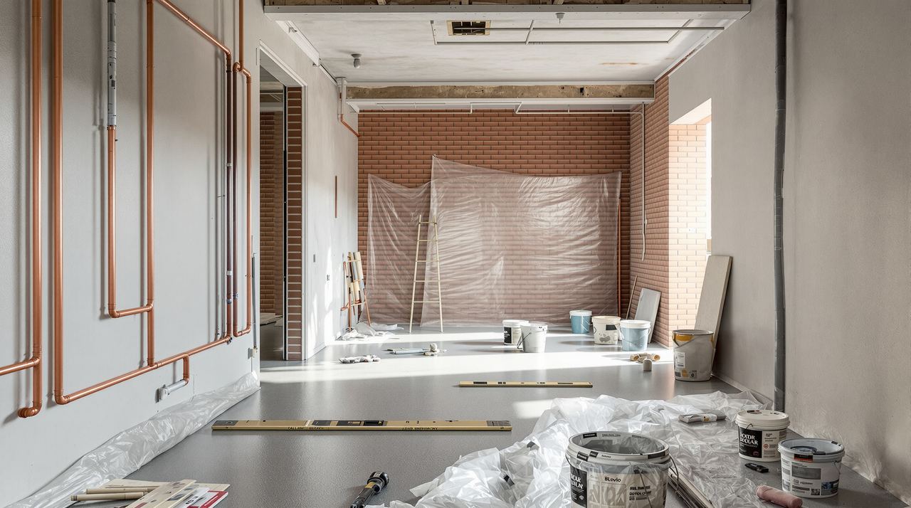 Piso de 80 m² en obra durante una reforma integral con paredes en preparación y suelos protegidos
