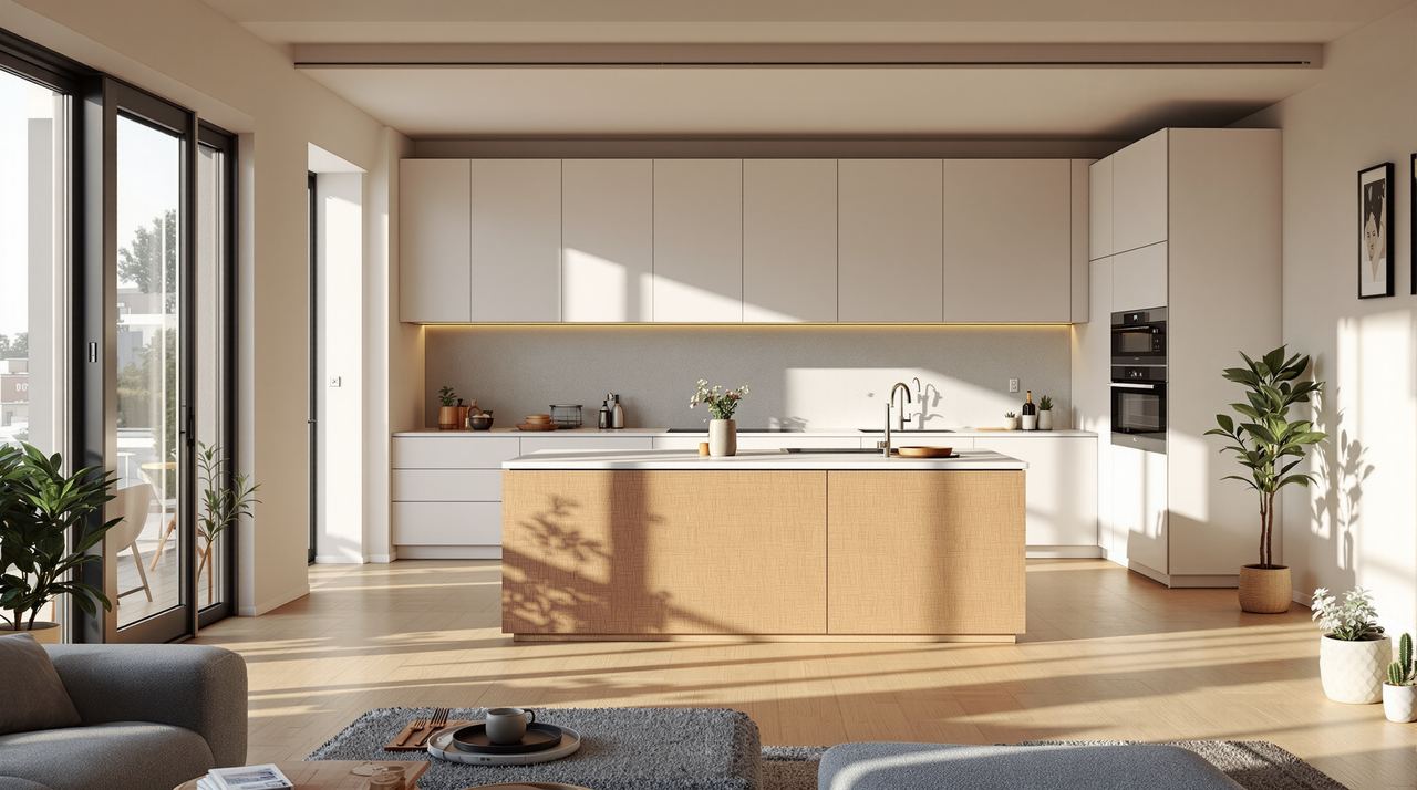 Cocina abierta al salón recién entregada en un piso reformado en el área de Barcelona