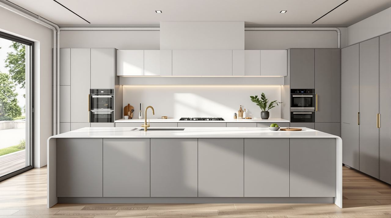 Encimera de Silestone blanco en cocina moderna con isla central