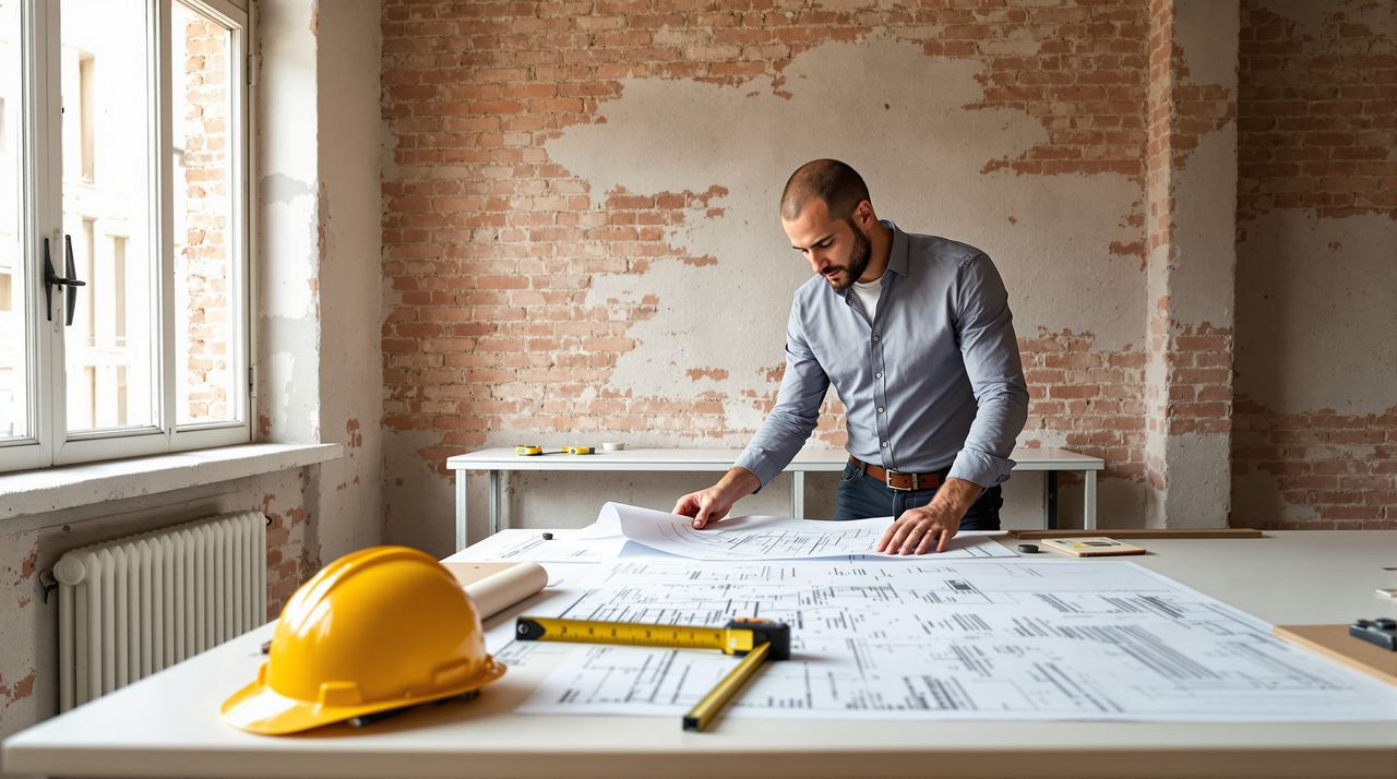 Arquitecto revisando plano estructural de vivienda en obra de reforma en Barcelona