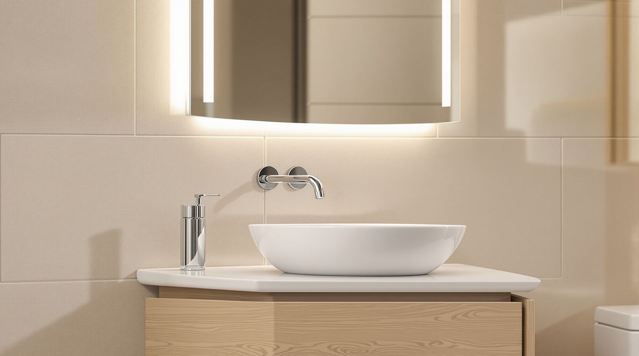 Detalle de mueble de lavabo suspendido y grifería mural en baño pequeño