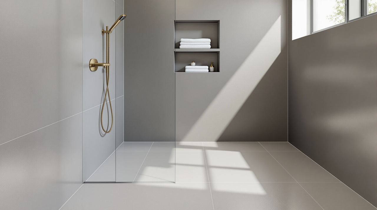 Baño reformado en Barcelona con microcemento gris claro en suelo y ducha