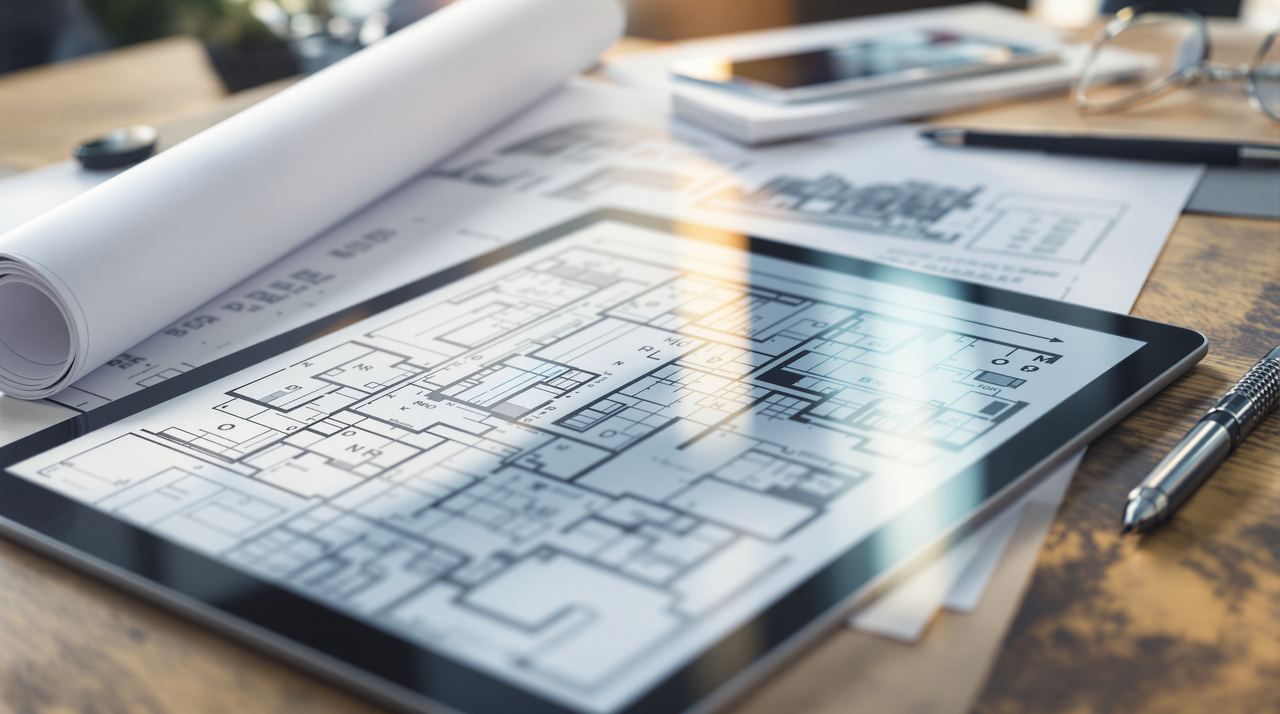 Documentos de licencia y planos de reforma sobre mesa de trabajo en Barcelona