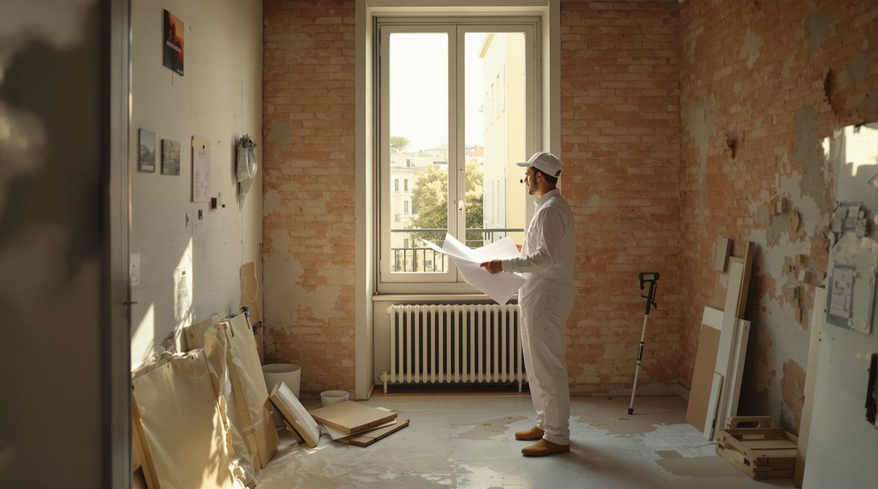 Equipo de reformas revisando planos en piso del Eixample de Barcelona durante obra