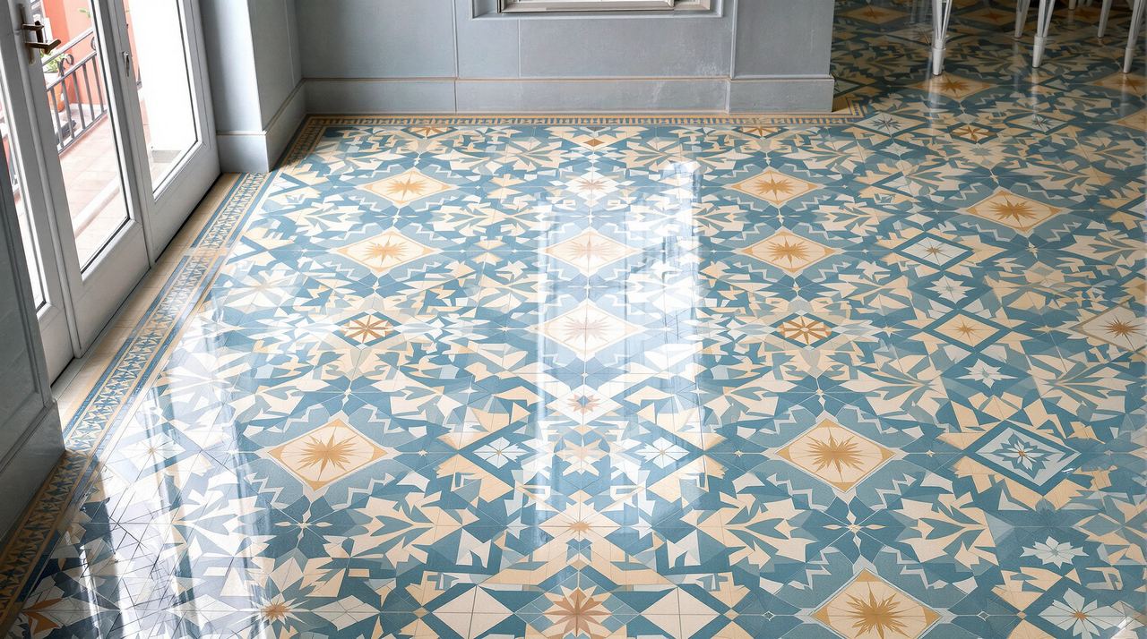 Suelo hidráulico original restaurado en piso del Eixample de Barcelona