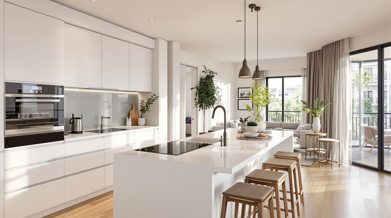 Cocina reformada con isla abierta al salón en piso de Badalona