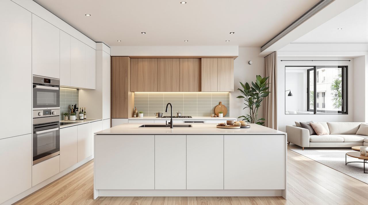 Cocina abierta al salón en reforma integral en Gràcia con isla central
