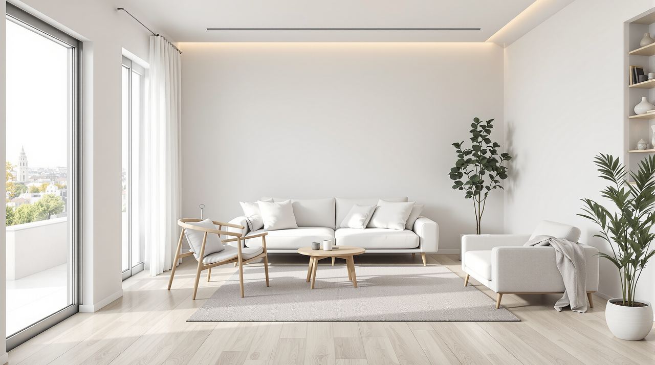 Salón reformado en piso de Hospitalet con suelo porcelánico y luz natural
