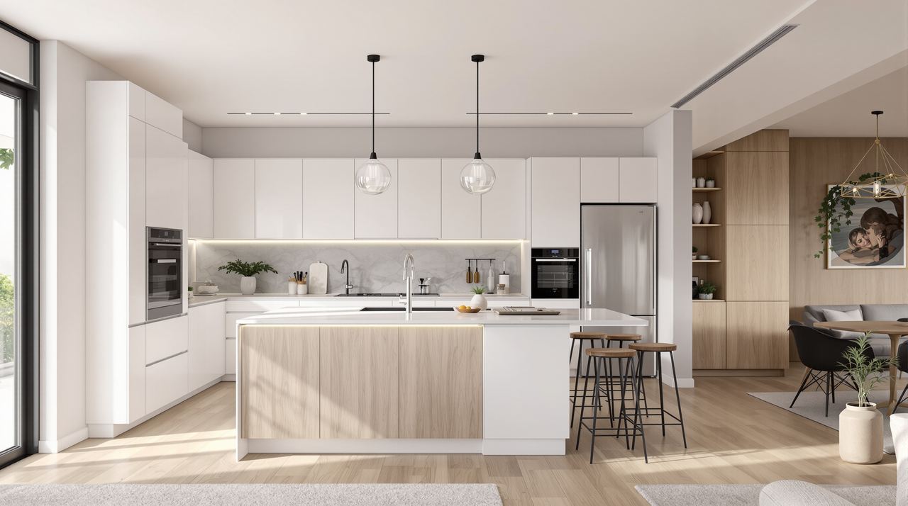 Cocina abierta al salón reformada con isla central y electrodomésticos integrados