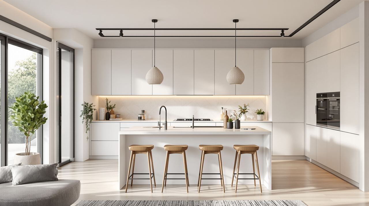 Cocina reformada abierta al salón en piso de Terrassa con isla central