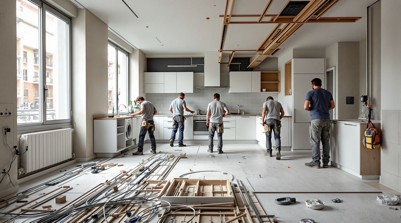 Piso en obras con reforma integral en Barcelona: cocina abierta al salón, suelos nuevos y albañiles trabajando