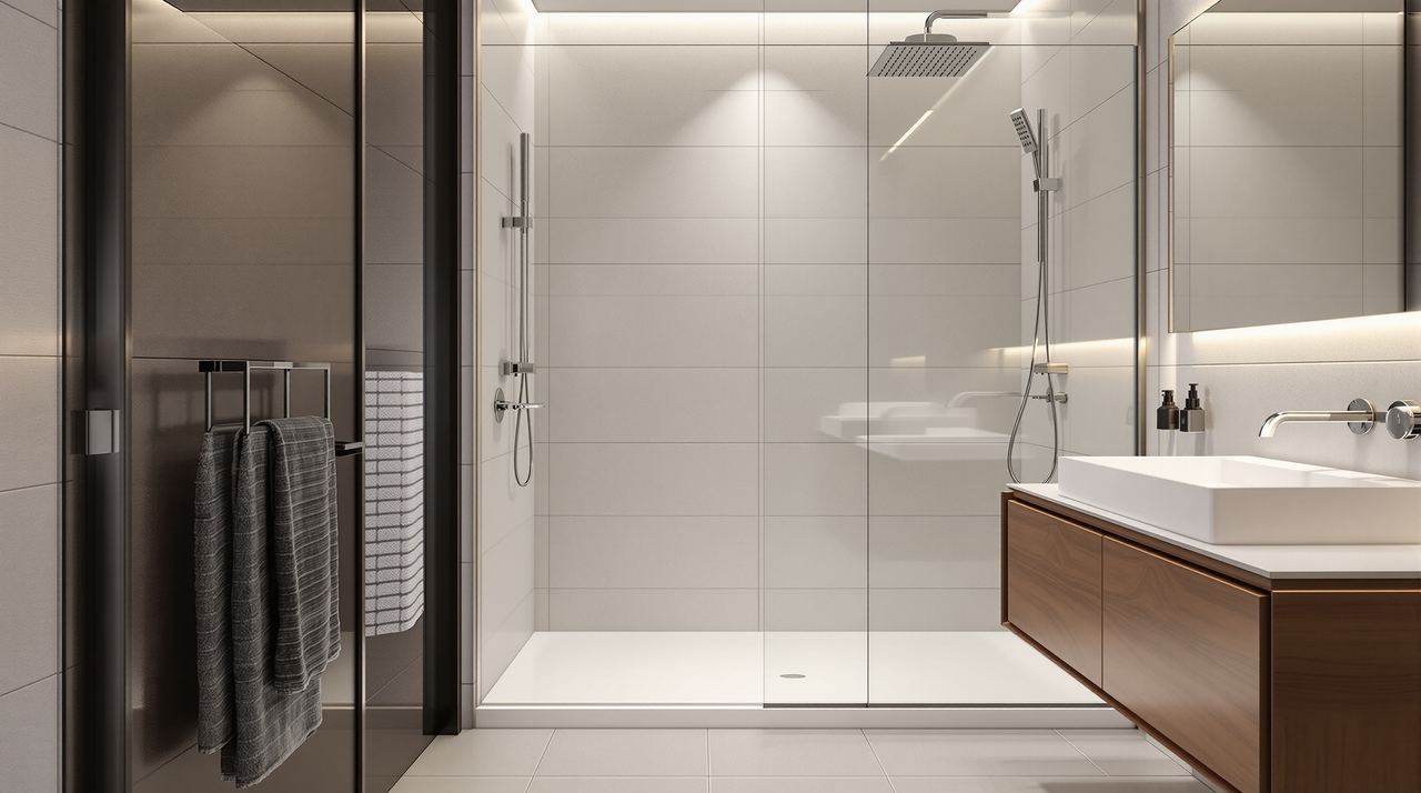 Baño reformado en Barcelona con plato de ducha extraplano, mampara sin perfil y azulejos porcelánicos claros