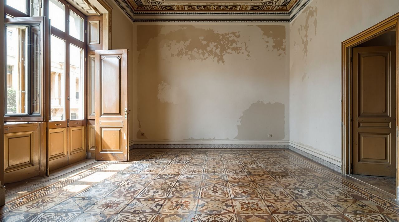 Piso antiguo del Eixample de Barcelona antes de reforma con suelos hidráulicos originales