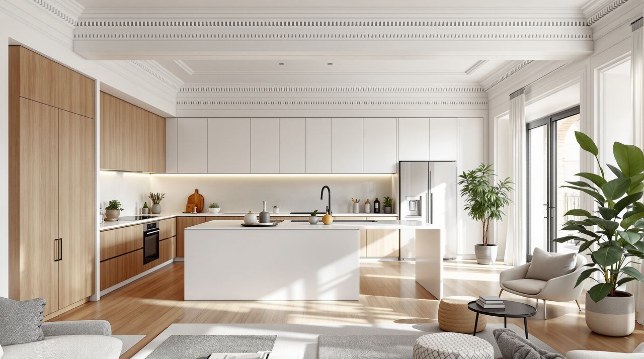 Reforma integral de piso heredado en Barcelona con cocina abierta al salón