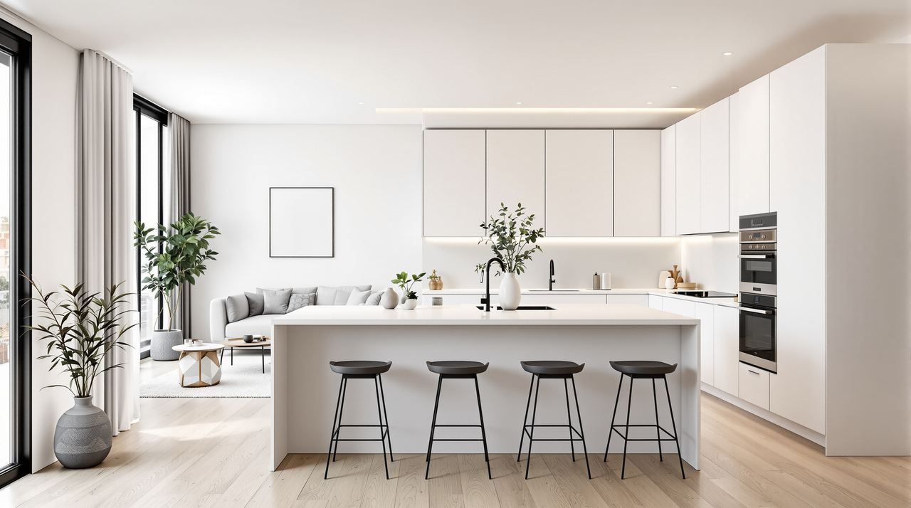 Cocina abierta al salón reformada en piso de Barcelona