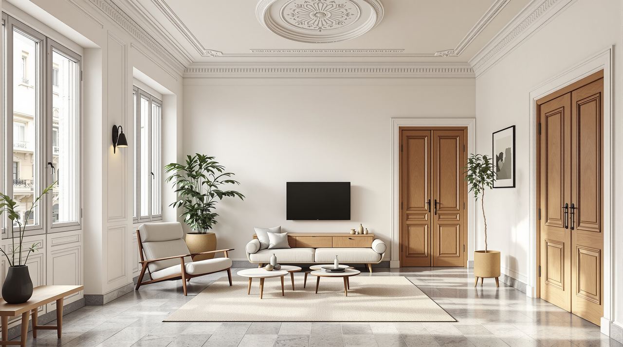 Salón reformado de piso modernista del Eixample con molduras restauradas y suelo hidráulico original