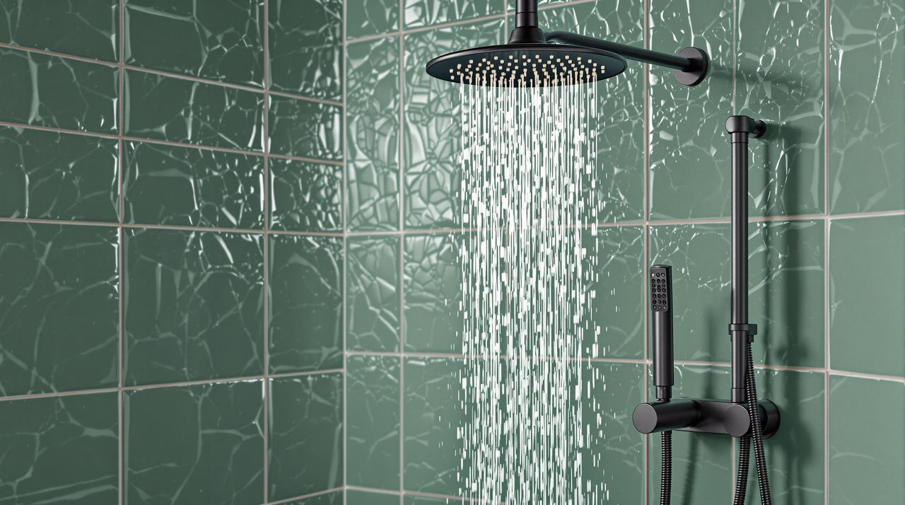 Detalle de azulejos con relieve y grifería negra mate en baño reformado, tendencia 2026