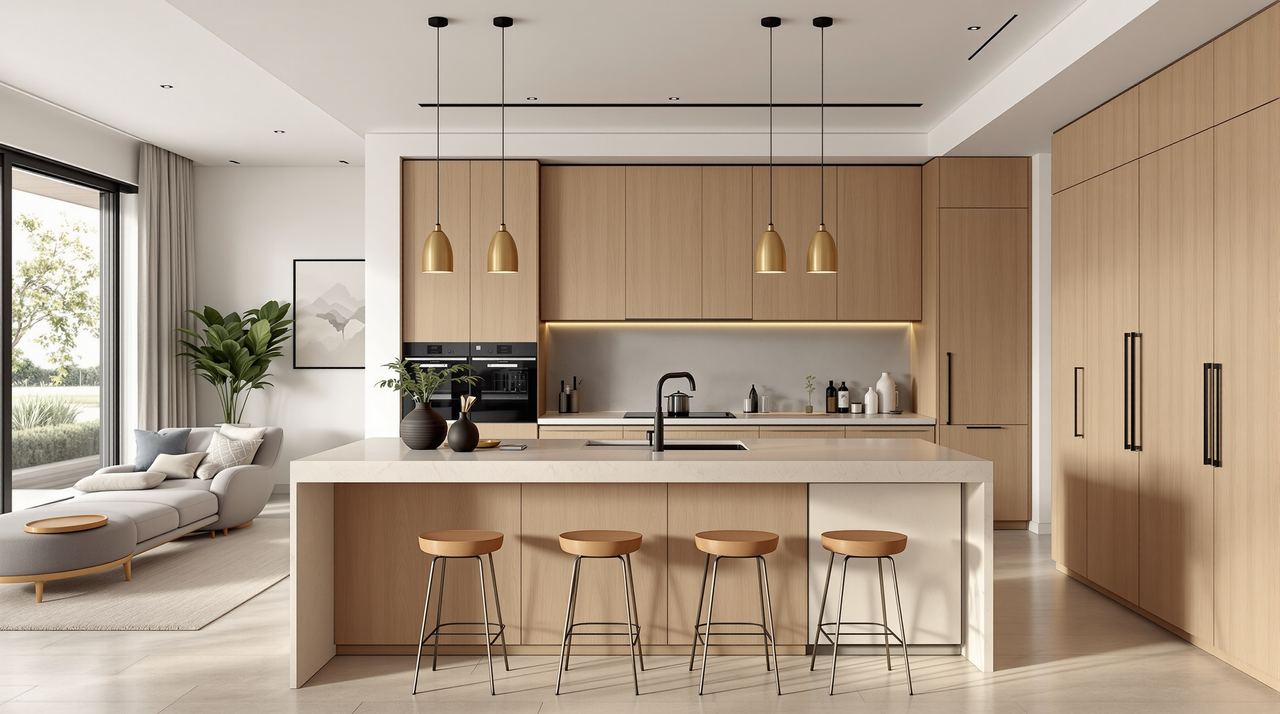 Cocina moderna 2026 con isla, madera clara y tonos verdes profundos en Barcelona