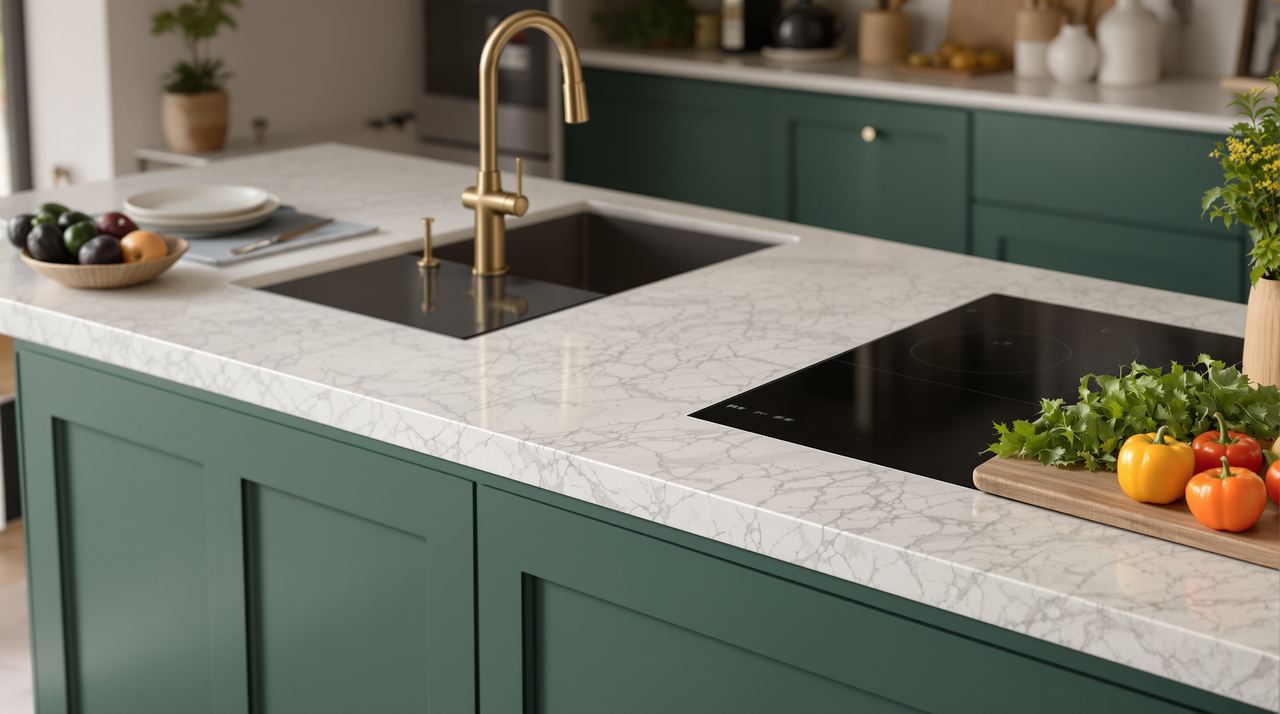 Isla de cocina con encimera de piedra sinterizada y taburetes en piso reformado del Eixample